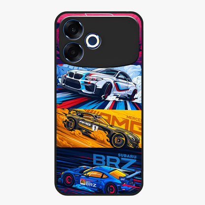 JDM Sports Car Glass Case showing flat back view with high performance sports car artwork and glossy glass finish.