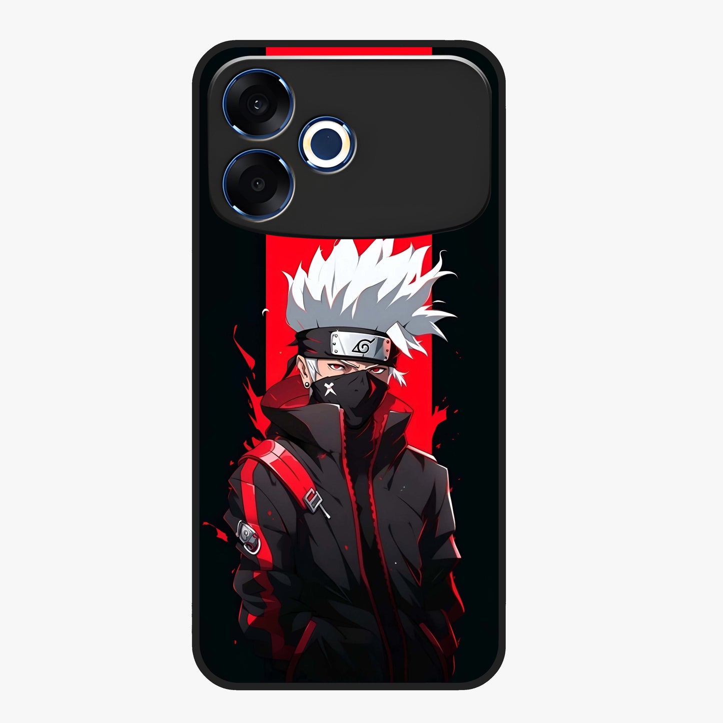 Kakashi Scarlet Shadow Glass Case showing flat back view with powerful anime ninja artwork and glossy glass finish.