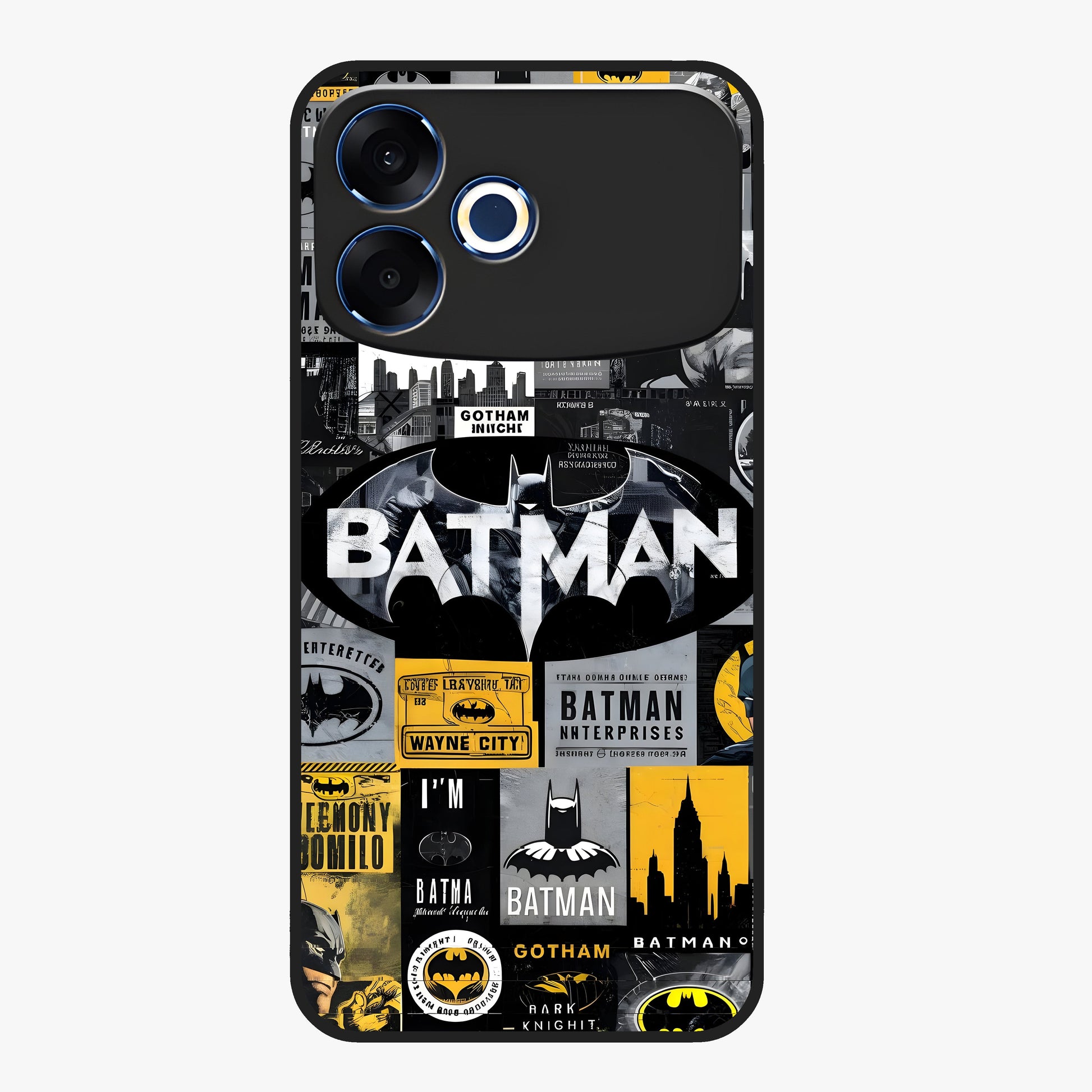 Knight Gotham Rise Glass Case showing flat back view with dark hero inspired artwork and glossy glass finish.