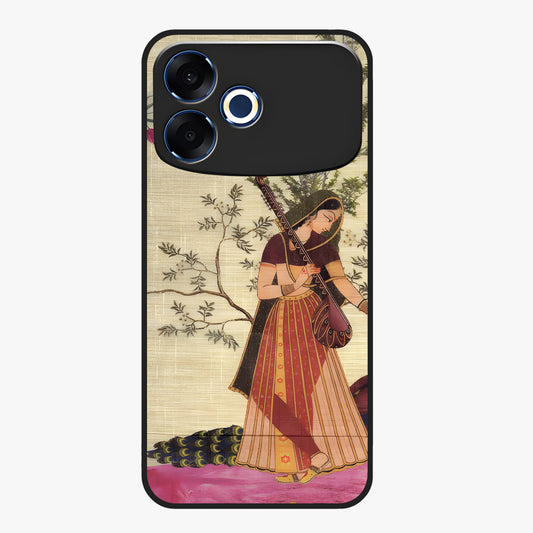 Lady With Veena Art Glass Case showing flat back view with elegant woman playing veena artwork and glossy glass finish.