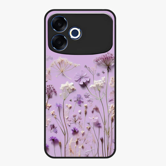 Lavender Blossom Dream Glass Case showing flat back view with soft lavender floral artwork and glossy glass finish.