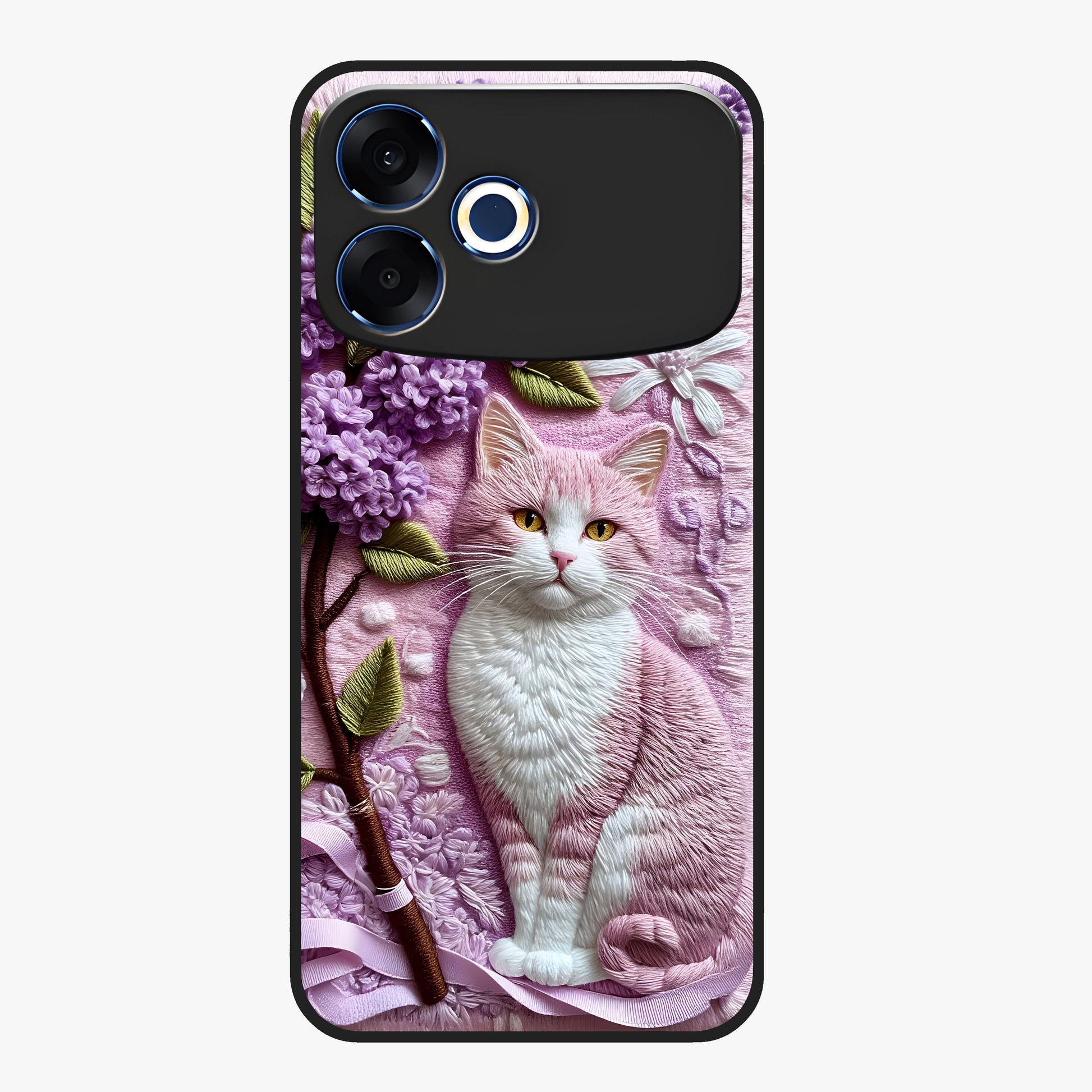 Lavender Cat Whimsy Glass Case showing flat back view with cute lavender cat artwork and glossy glass finish.