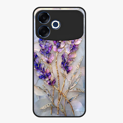 Lavender Dream Glow Glass Case showing flat back view with glowing lavender aesthetic artwork and glossy glass finish.