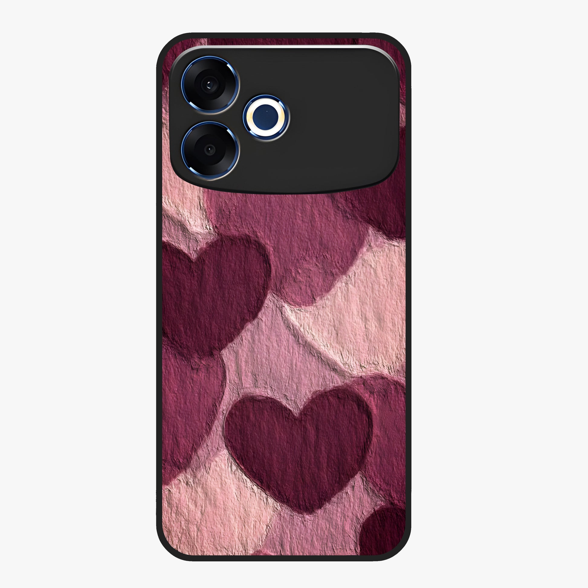 Layered Paper Hearts Glass Case showing flat back view with layered paper heart artwork and glossy glass finish.