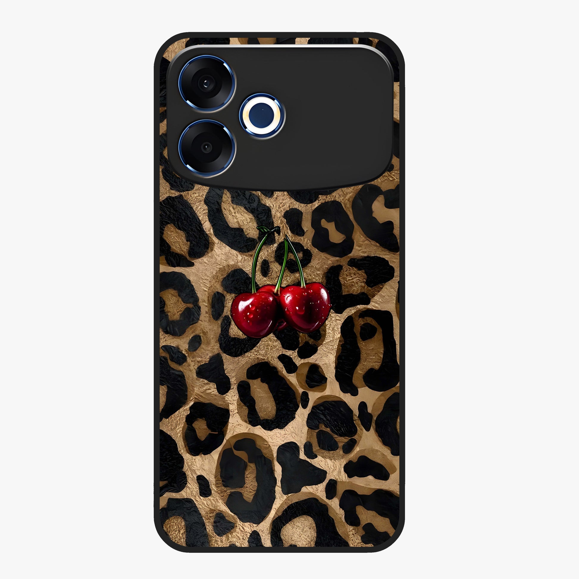 Leopard Wild Cherry Glass Case showing flat back view with leopard pattern and cherry artwork and glossy glass finish.