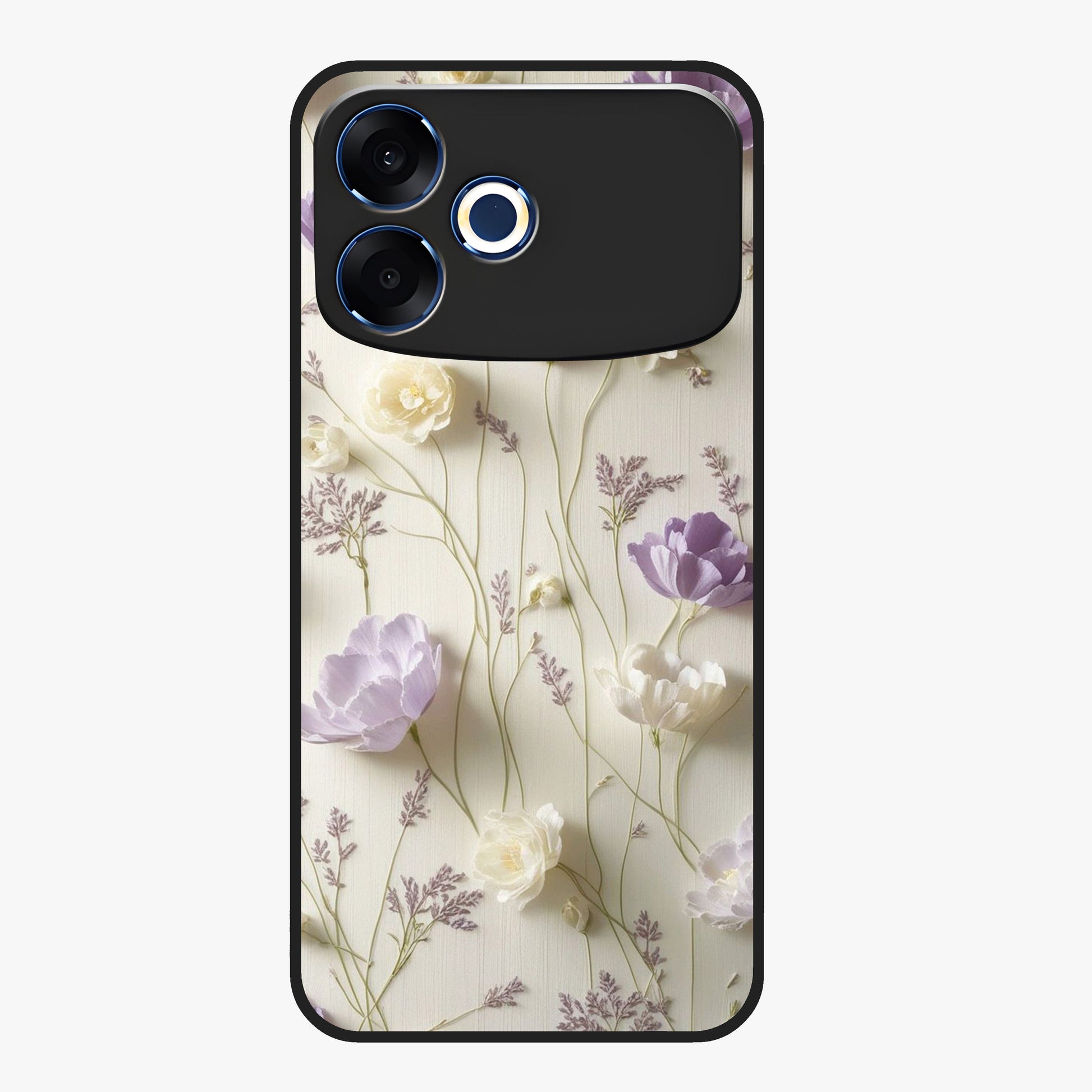 Lilac Breeze Harmony Glass Case showing flat back view with soft lilac themed artwork and glossy glass finish.
