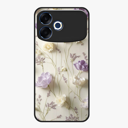 Lilac Breeze Harmony Glass Case showing flat back view with soft lilac themed artwork and glossy glass finish.