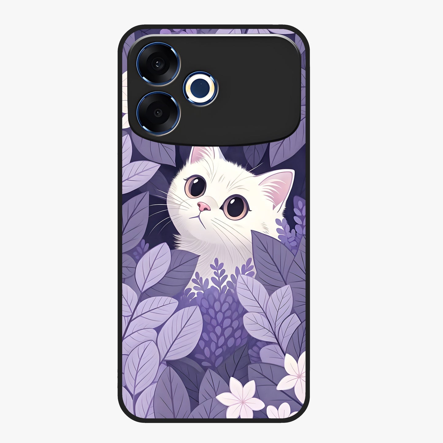 Lilac Hide Peek Cat Glass Case showing flat back view with cute peeking cat artwork and glossy glass finish.