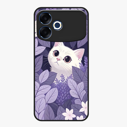Lilac Hide Peek Cat Glass Case showing flat back view with cute peeking cat artwork and glossy glass finish.