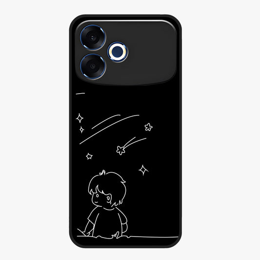 Line Art Boy With Shooting Stars Glass Case showing flat back view with minimal line art boy and shooting stars illustration and glossy glass finish.