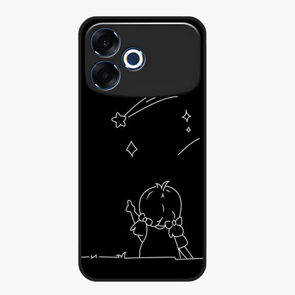 Line Art Girl With Shooting Stars Glass Case showing flat back view with minimal line art girl and shooting stars illustration and glossy glass finish.