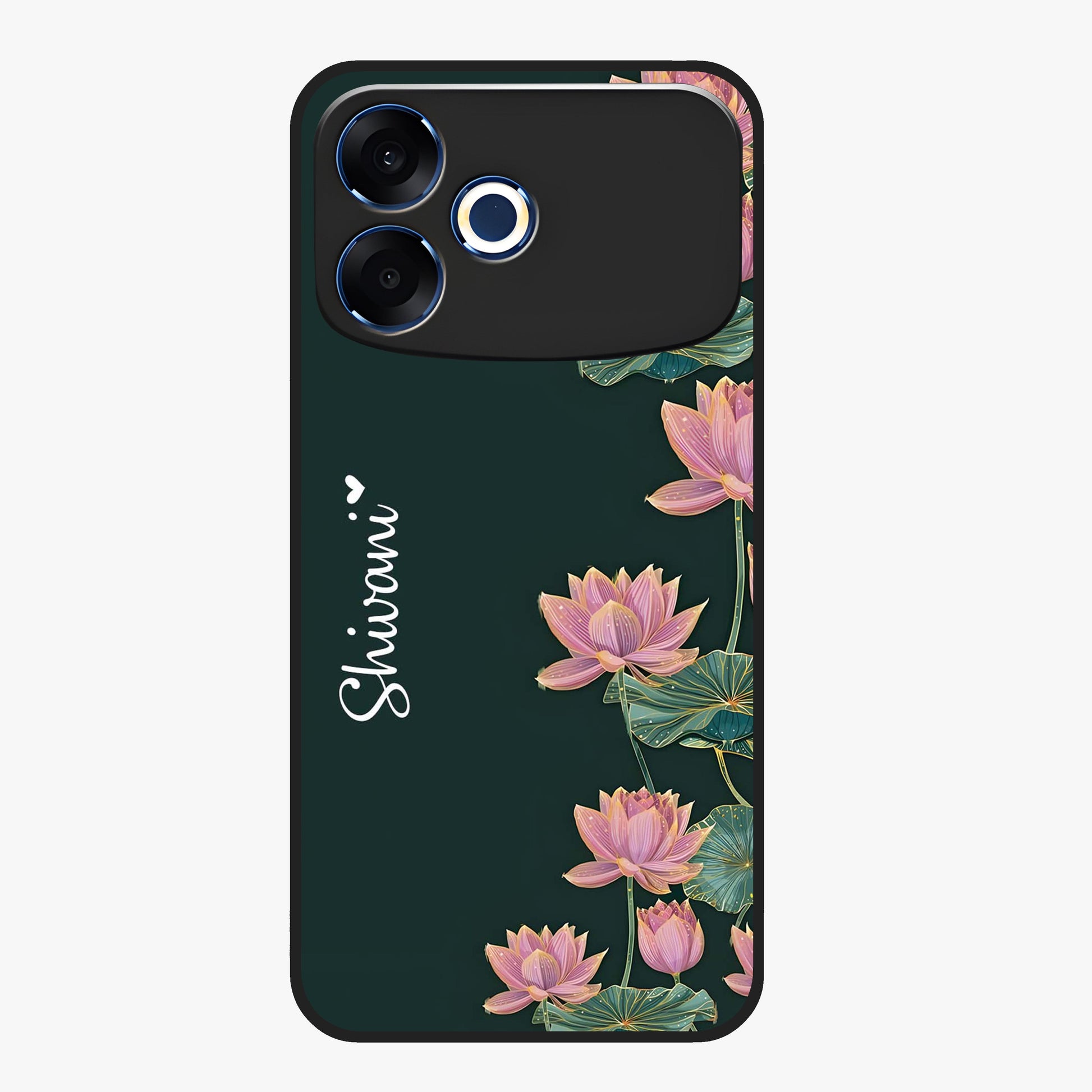 Lotus Bloom Serenity Custom Name Glass Case showing flat back view with elegant lotus flower artwork and personalized name design.