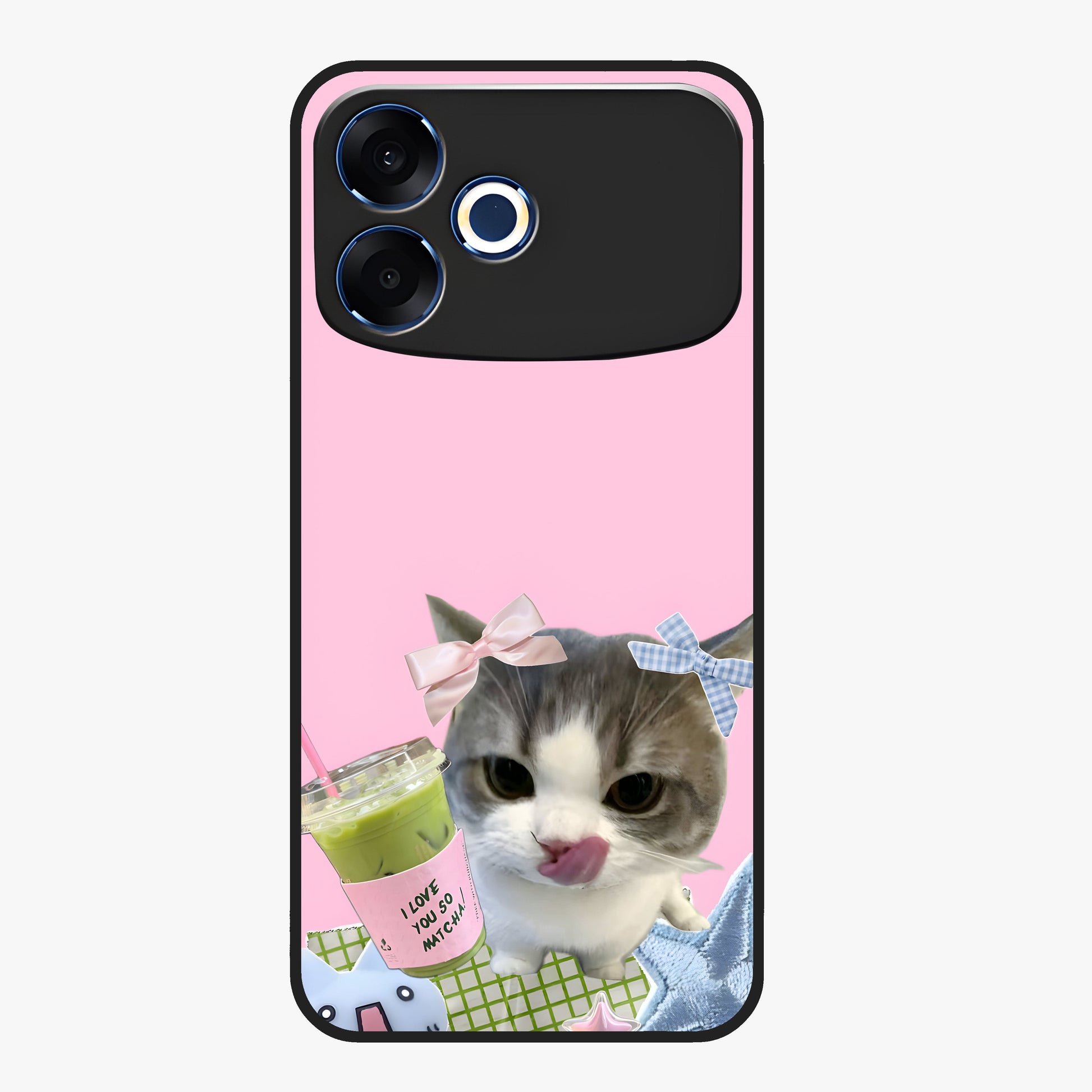 Love Matcha Cat Glass Case showing flat back view with cute cat and matcha themed artwork and glossy glass finish.