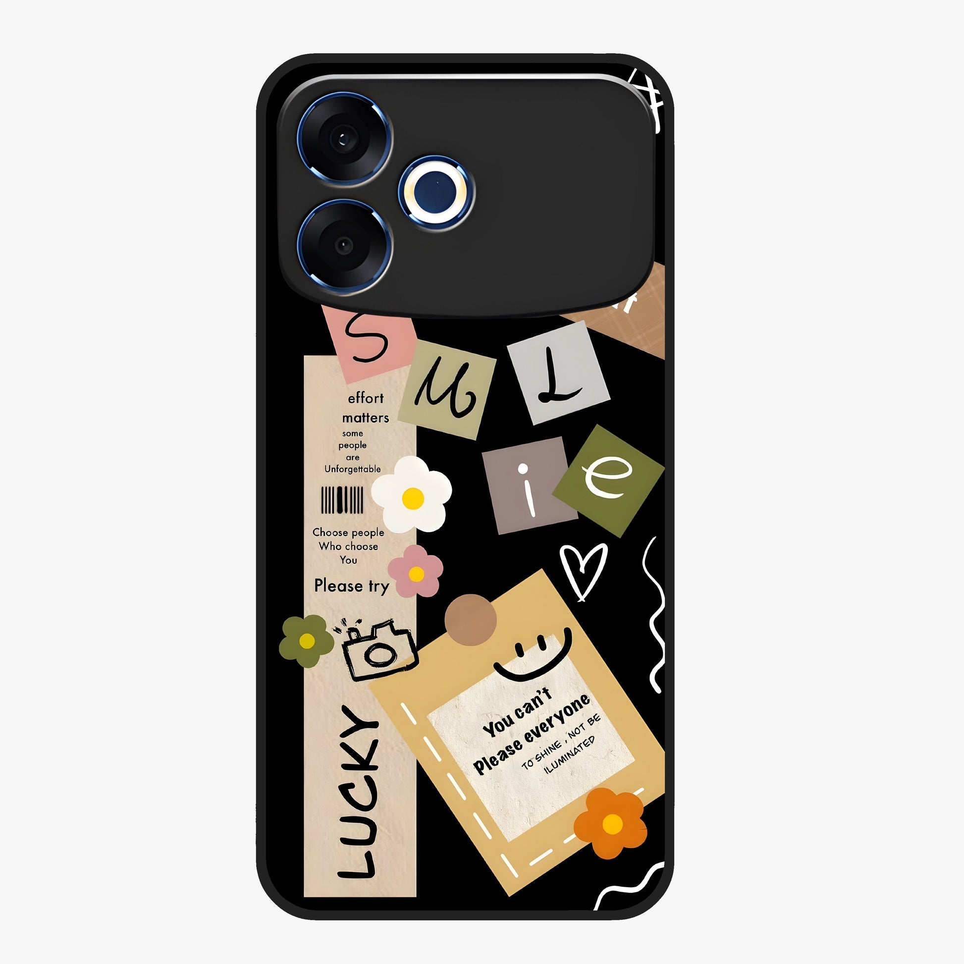 Lucky Aesthetic Collage Glass Case showing flat back view with trendy aesthetic collage artwork and glossy glass finish.