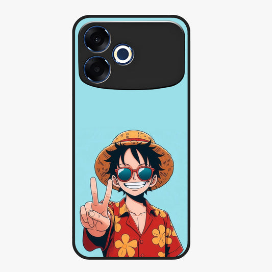 Luffy Summer Anime Vibe Glass Case showing flat back view with vibrant anime character artwork and glossy glass finish.
