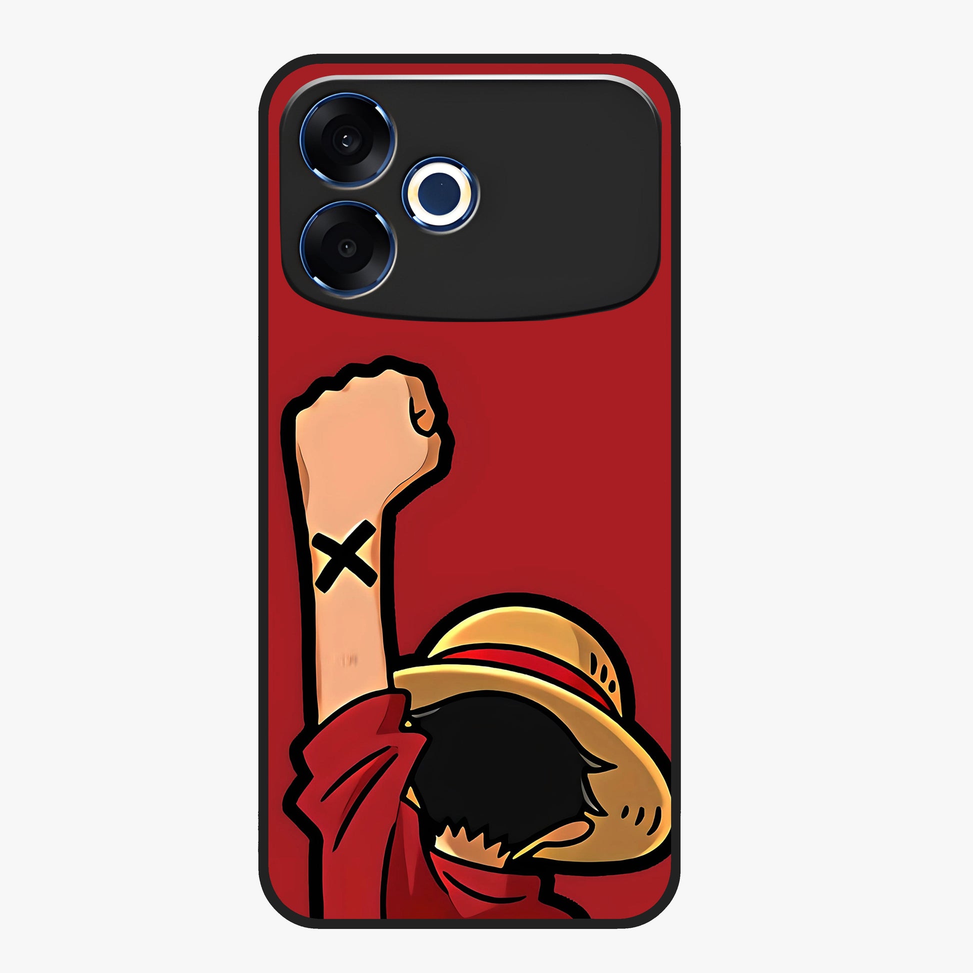 Luffy X Spirit Glass Case showing flat back view with bold anime character artwork and glossy glass finish.