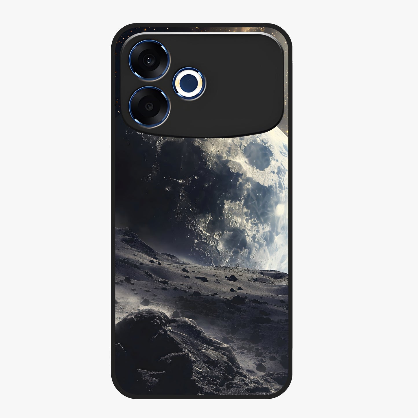 Lunar Horizon Glow Glass Case showing flat back view with glowing moon horizon artwork and glossy glass finish.