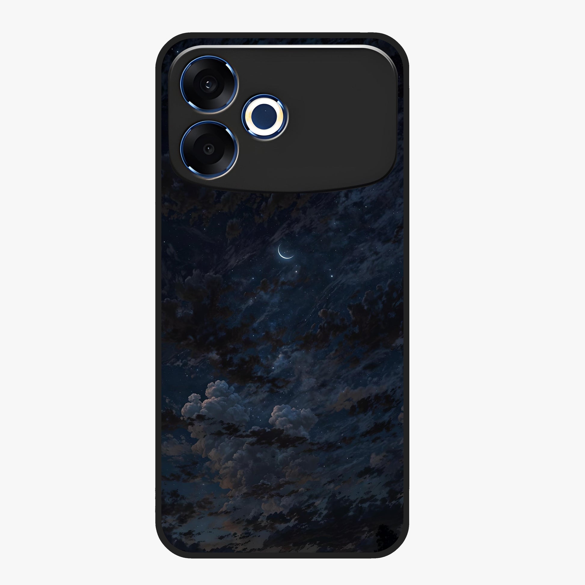 Lunar Veil Silence Glass Case showing flat back view with mystical moon veil artwork and glossy glass finish.