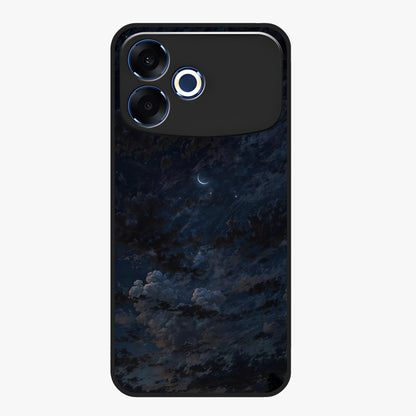Lunar Veil Silence Glass Case showing flat back view with mystical moon veil artwork and glossy glass finish.