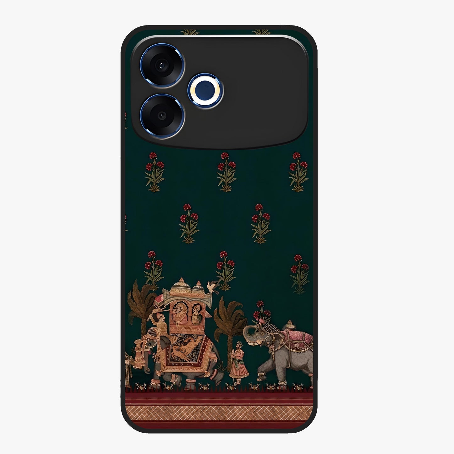Macmerise Glass Case showing flat back view with stylish modern artwork and glossy glass finish.