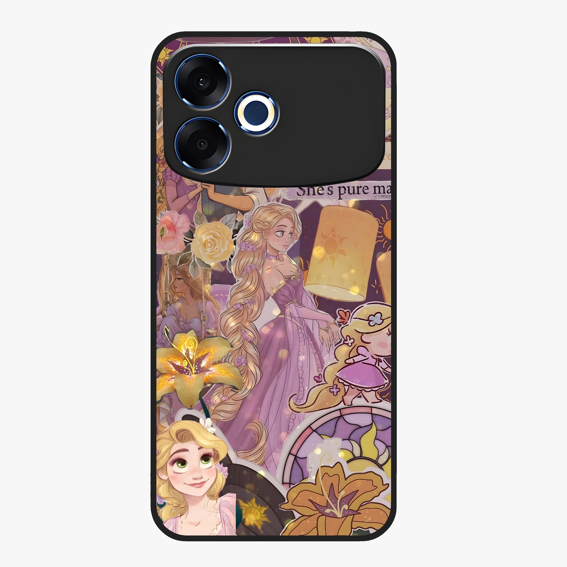 Magical Tangled Dream Glass Case showing flat back view with dreamy tangled artwork and glossy glass finish.
