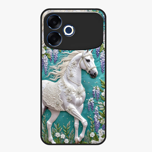 Majestic Floral Stallion Glass Case showing flat back view with powerful horse and floral artwork and glossy glass finish.