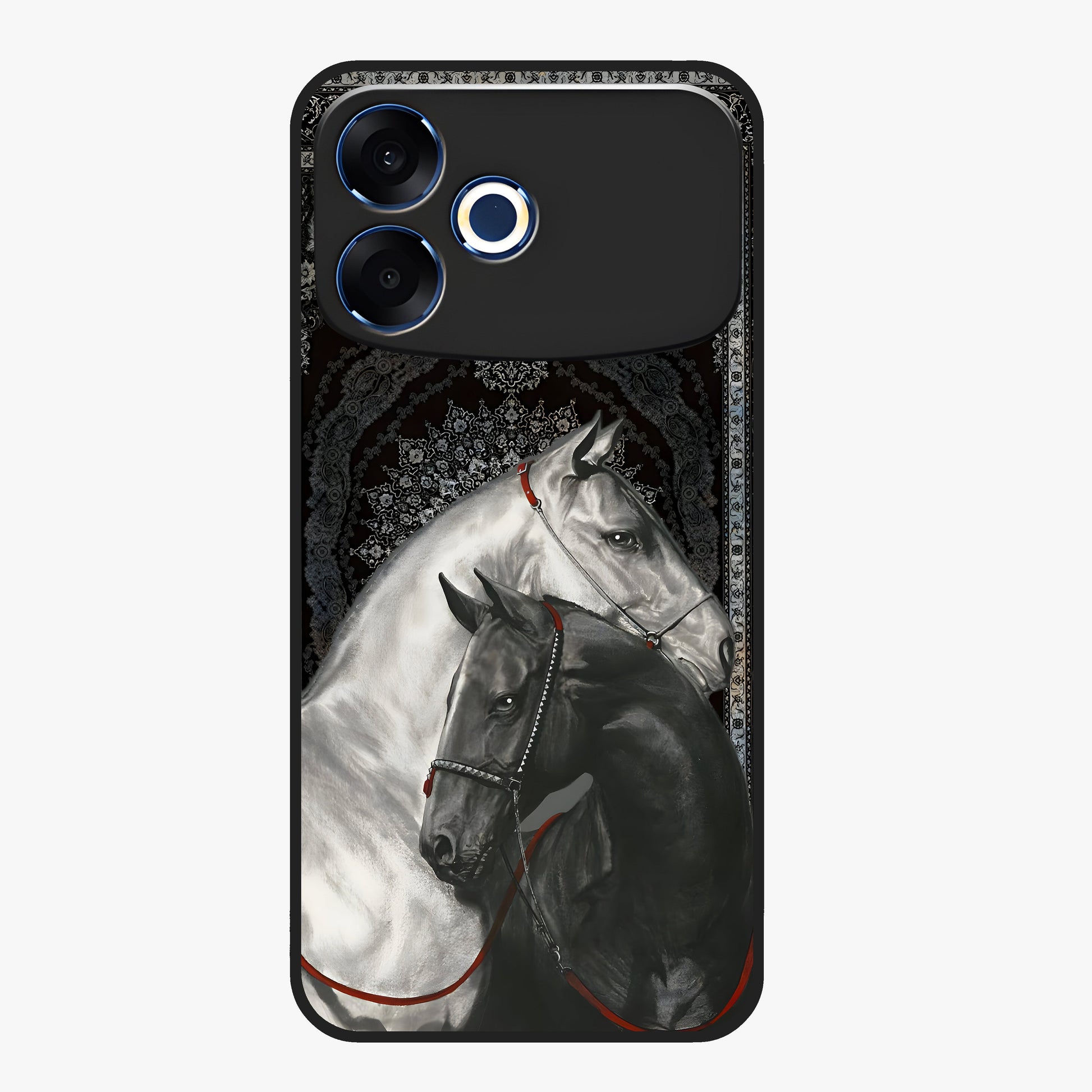 Majestic Ride Legacy Glass Case showing flat back view with powerful automotive inspired artwork and glossy glass finish.