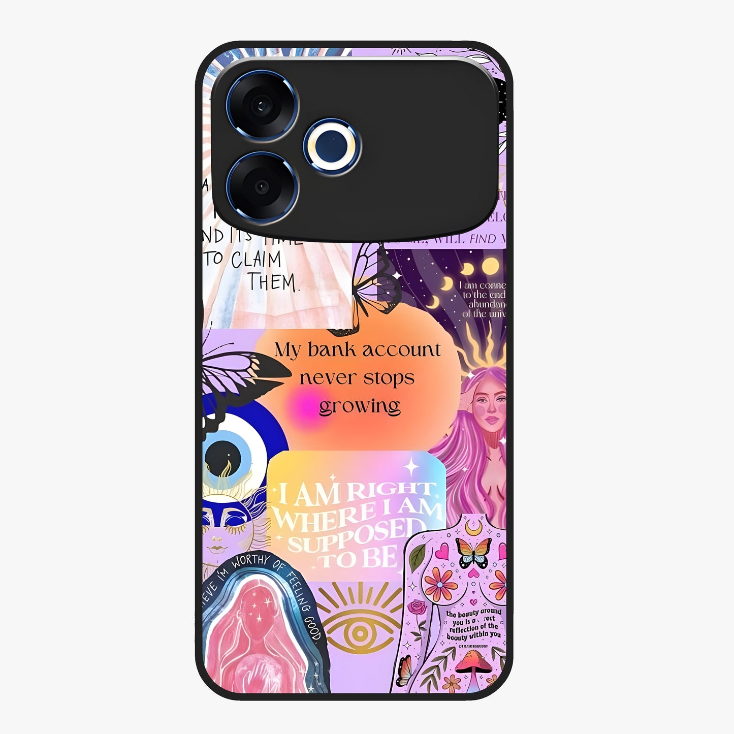 Manifestation Collage Glass Case showing flat back view with motivational collage artwork and glossy glass finish.
