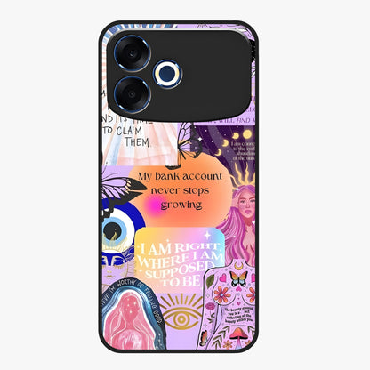 Manifestation Collage Glass Case showing flat back view with motivational collage artwork and glossy glass finish.