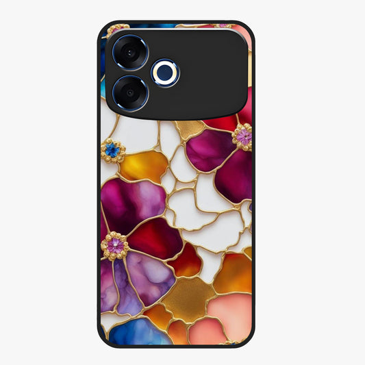 Marble Flower Pattern Glass Case showing flat back view with marble texture floral artwork and glossy glass finish.