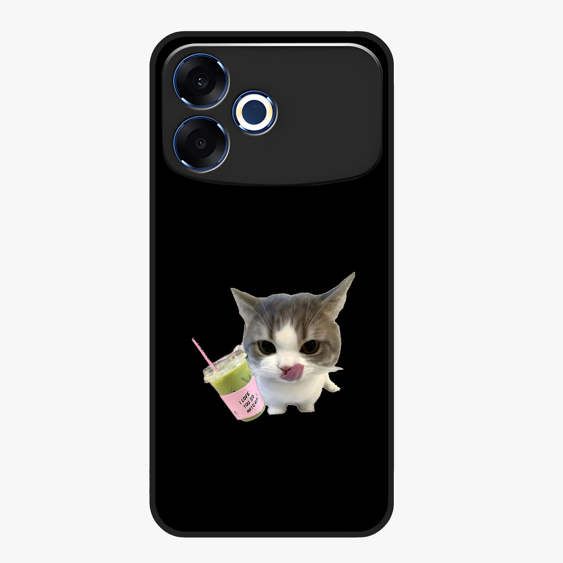 Matcha Cat Style Glass Case showing flat back view with cute matcha themed cat artwork and glossy glass finish.