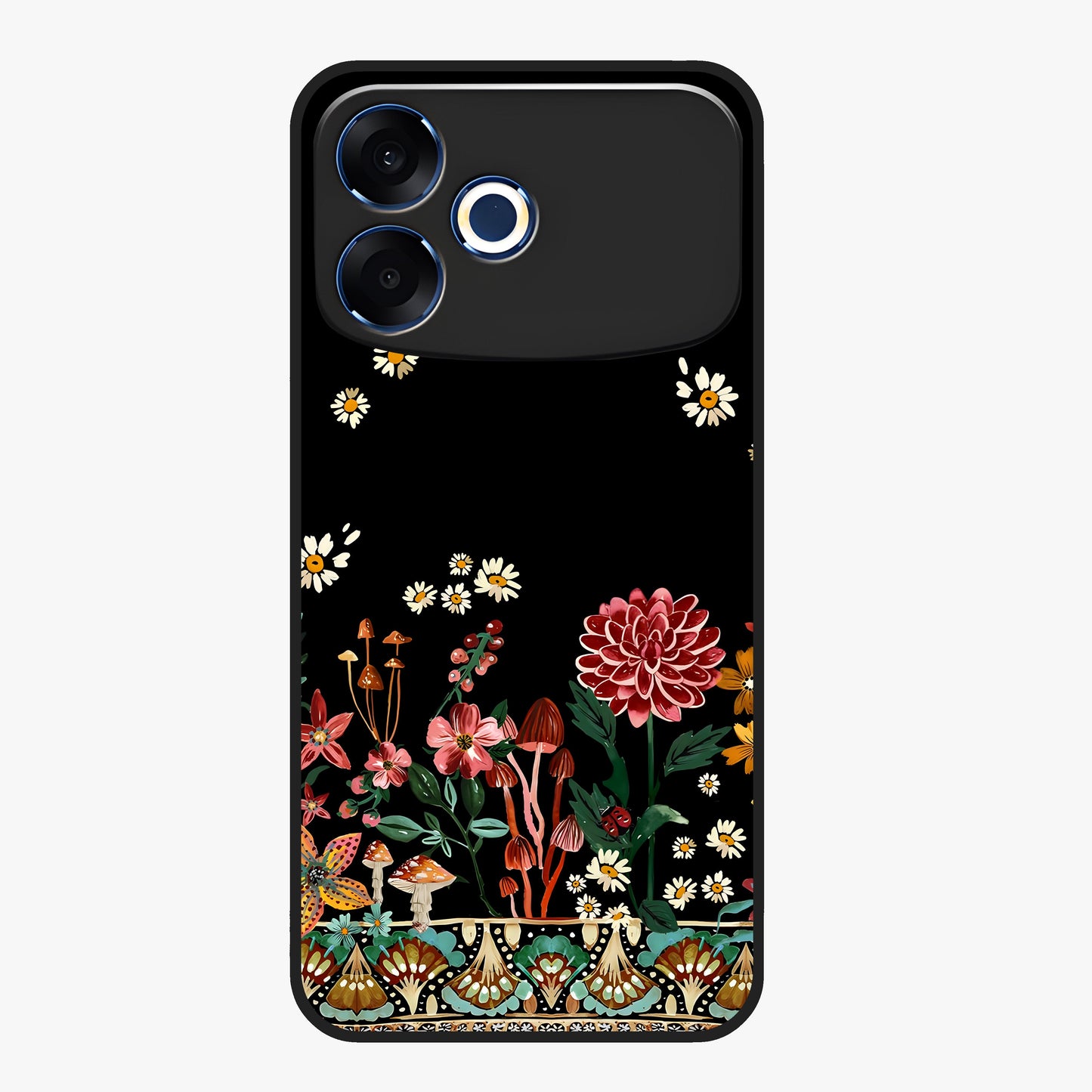 Midnight Bloom Pattern Glass Case showing flat back view with dark floral pattern artwork and glossy glass finish.