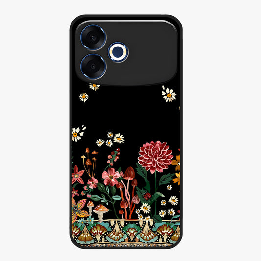 Midnight Bloom Pattern Glass Case showing flat back view with dark floral pattern artwork and glossy glass finish.