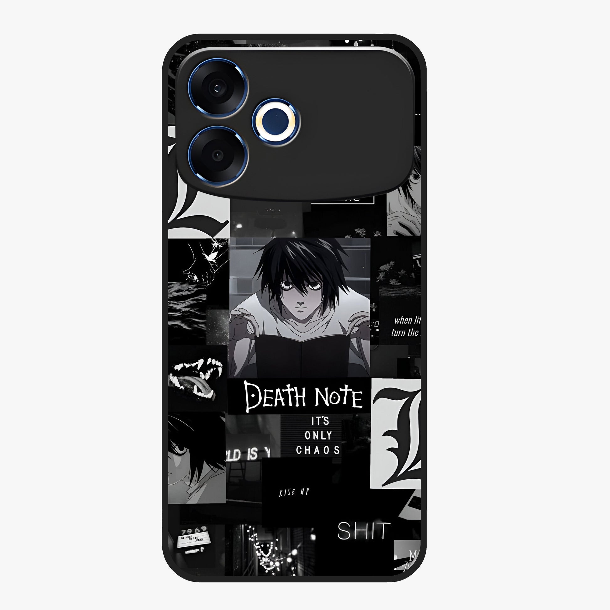 Midnight Chaos Mind Glass Case showing flat back view with abstract dark themed artwork and glossy glass finish.