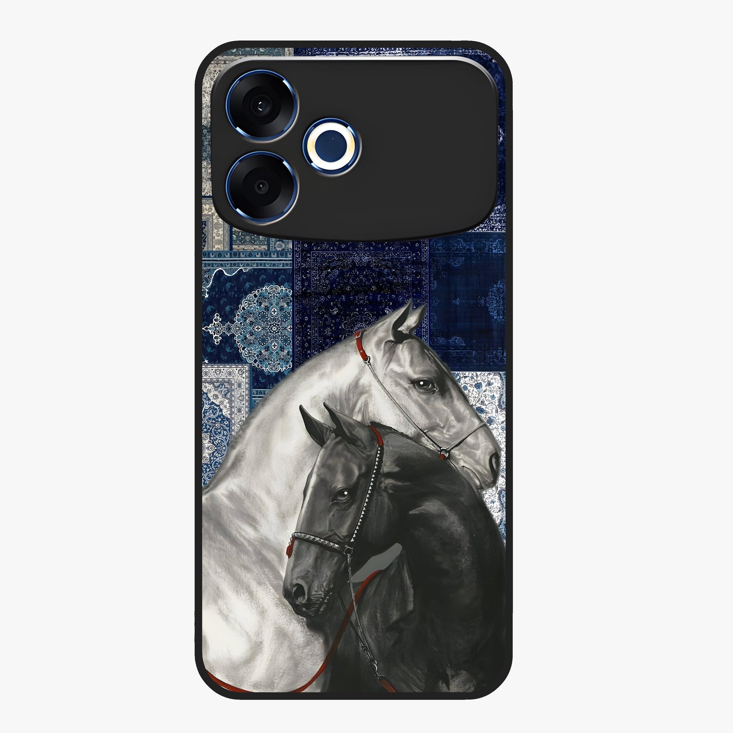 Midnight Stallion Blues Glass Case showing flat back view with majestic horse artwork and glossy glass finish.