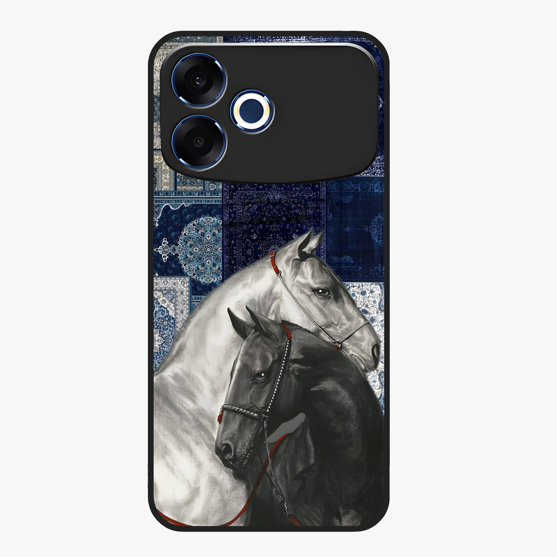 Midnight Stallion Blues Glass Case showing flat back view with majestic horse artwork and glossy glass finish.