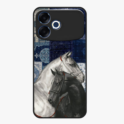 Midnight Stallion Blues Glass Case showing flat back view with majestic horse artwork and glossy glass finish.