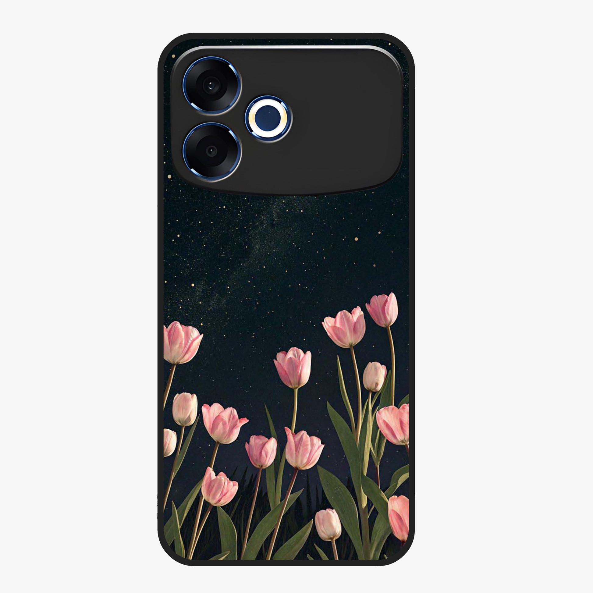 Midnight Tulip Whispers Vibe Glass Case showing flat back view with elegant tulip flower artwork and glossy glass finish.