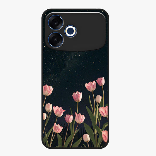 Midnight Tulip Whispers Vibe Glass Case showing flat back view with elegant tulip flower artwork and glossy glass finish.