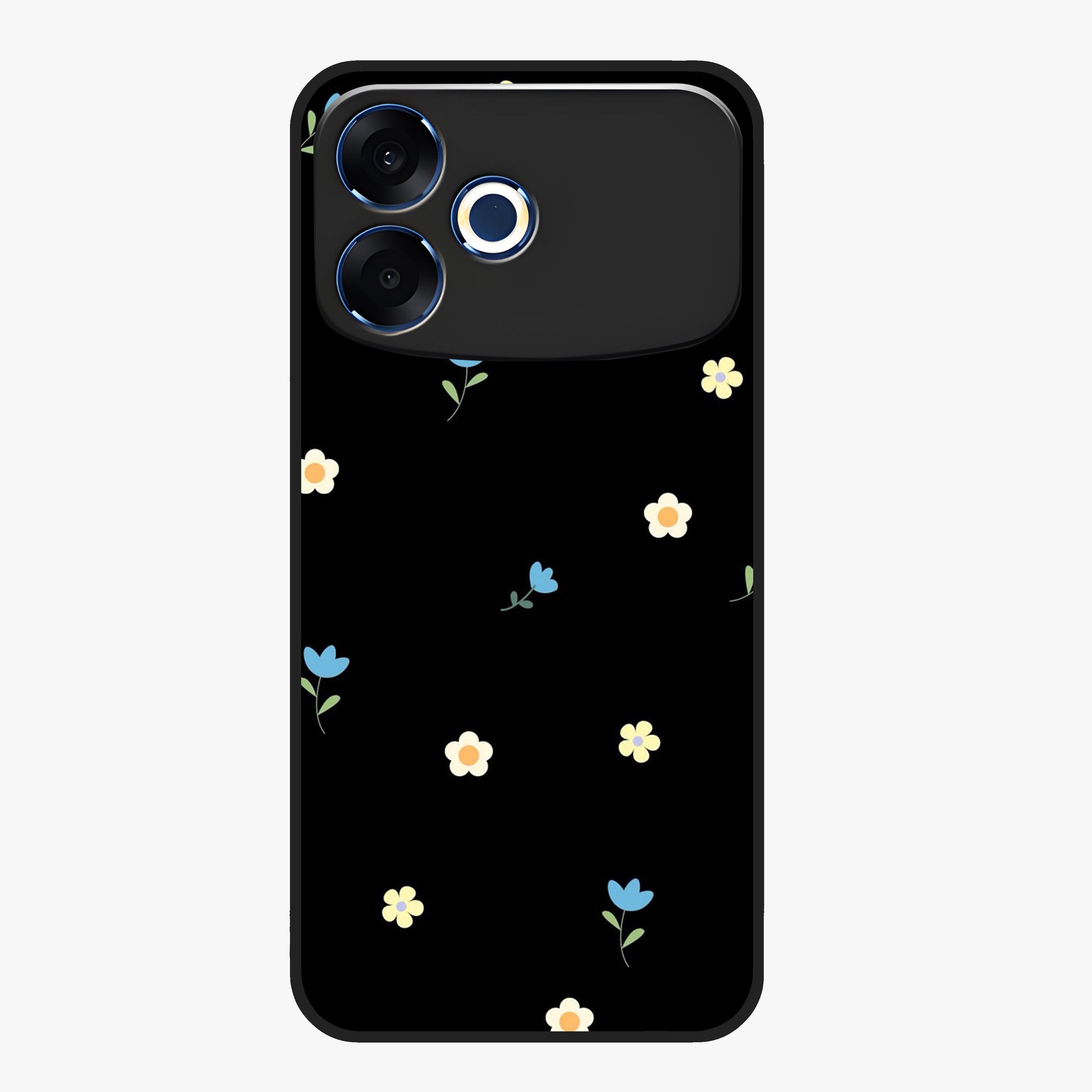 Minimalistic Blue With White Flower Pattern Glass Case showing flat back view with blue background and white flower pattern and glossy glass finish.