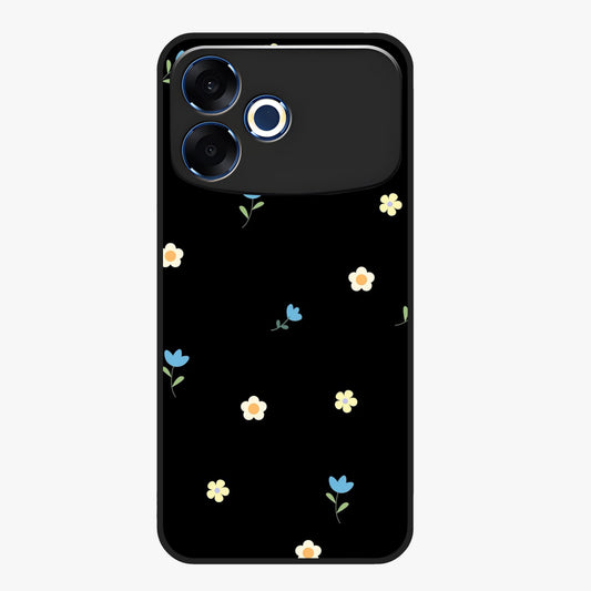 Minimalistic Blue With White Flower Pattern Glass Case showing flat back view with blue background and white flower pattern and glossy glass finish.