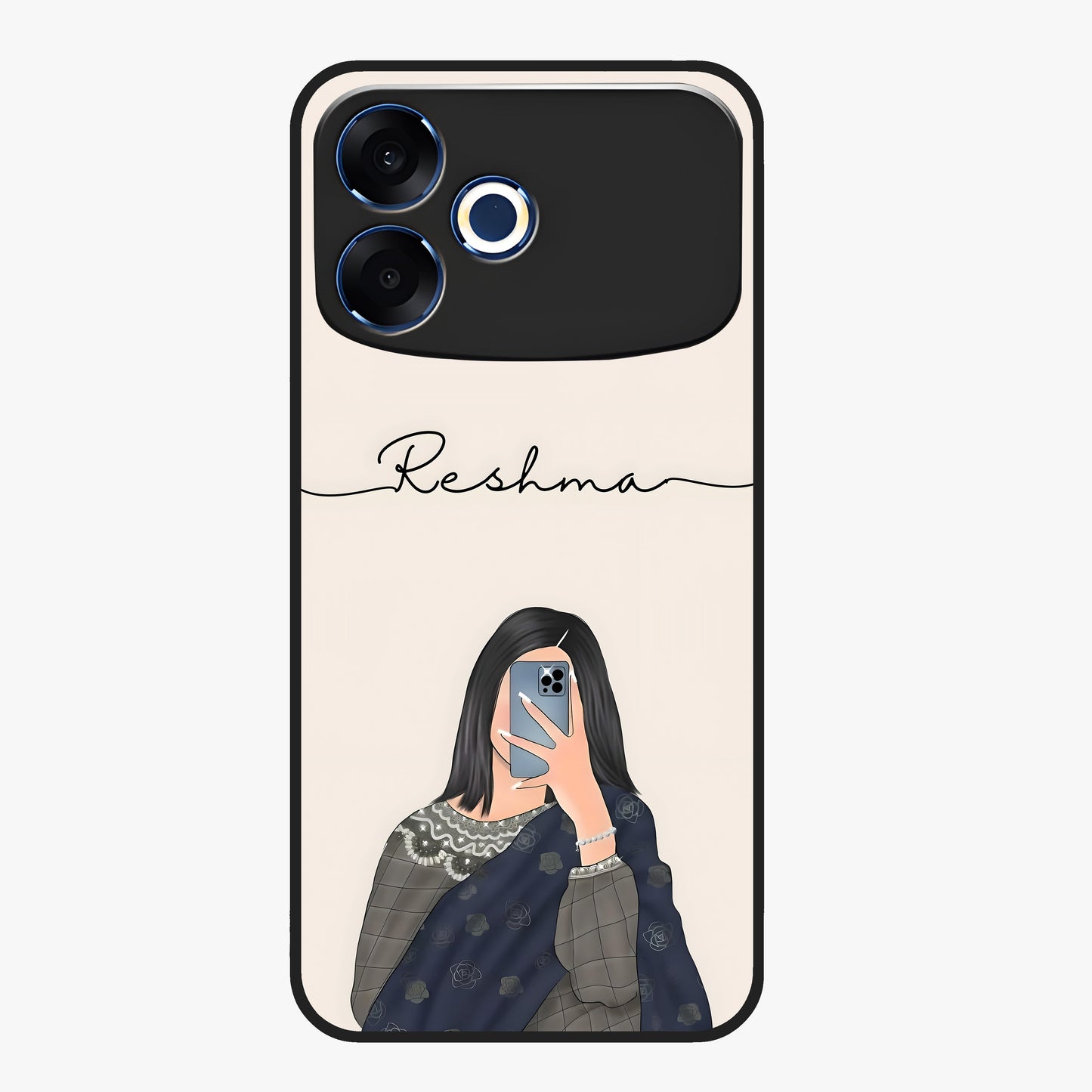 Mirror Mood Muse With Custom Name Glass Case showing flat back view with stylish mirrored artwork and personalized name design.