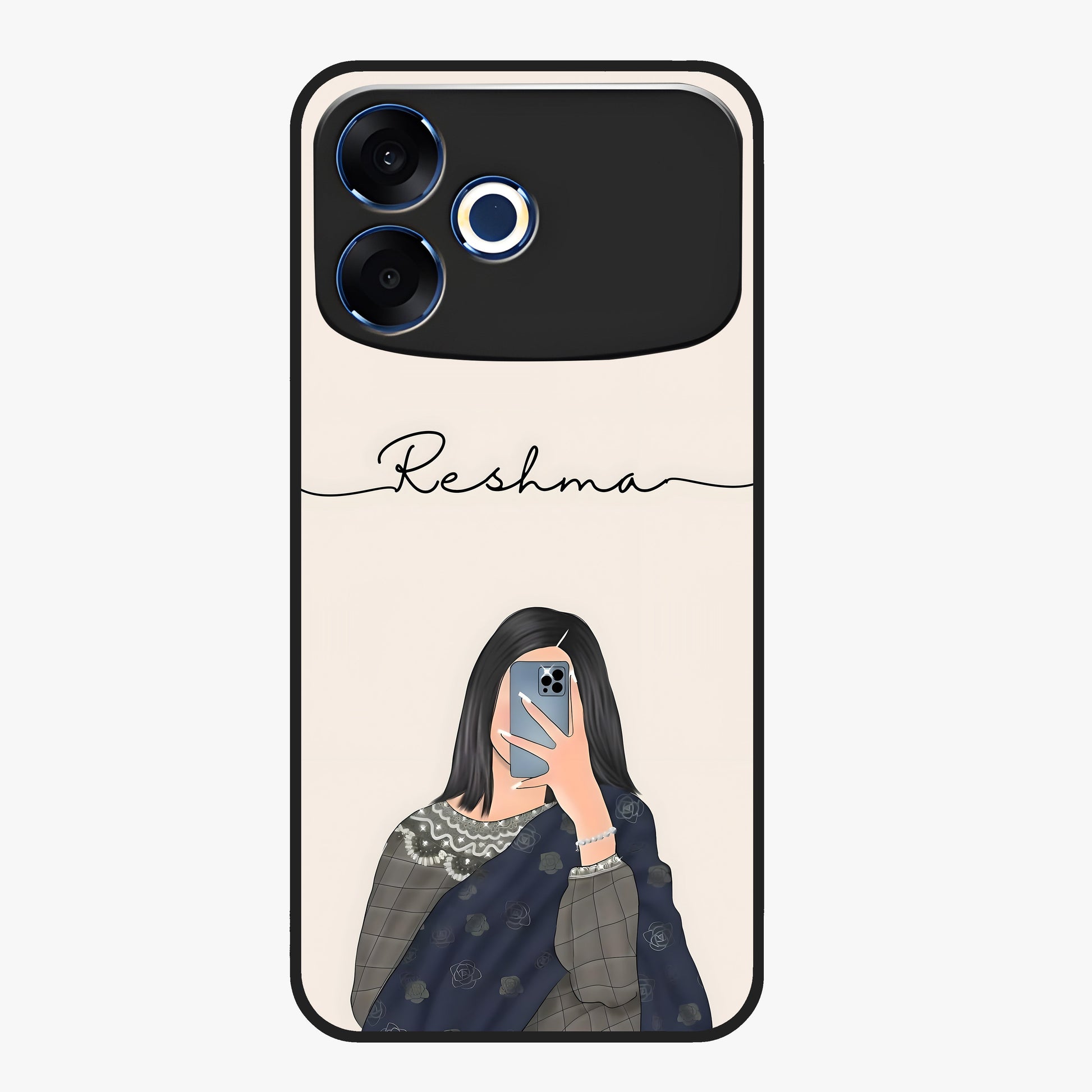 Mirror Mood Muse With Custom Name Glass Case showing flat back view with stylish mirrored artwork and personalized name design.