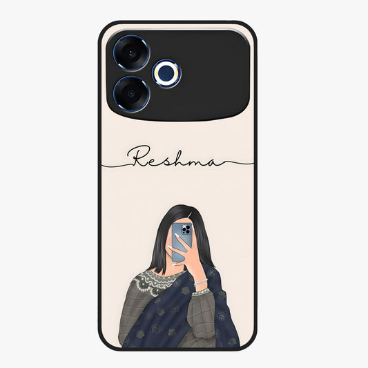 Mirror Mood Muse With Custom Name Glass Case showing flat back view with stylish mirrored artwork and personalized name design.