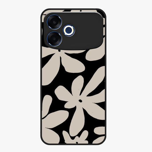 Monochrome Petal Dance Glass Case showing flat back view with monochrome floral artwork and glossy glass finish.