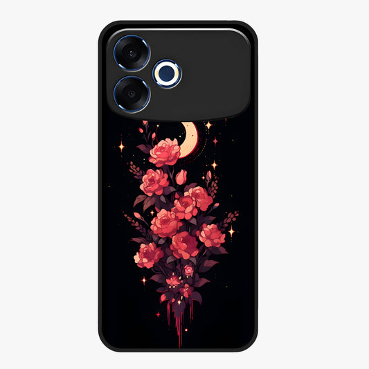 Moonlit Floral Elegance Glass Case showing flat back view with elegant floral artwork under moonlit tones and glossy glass finish.