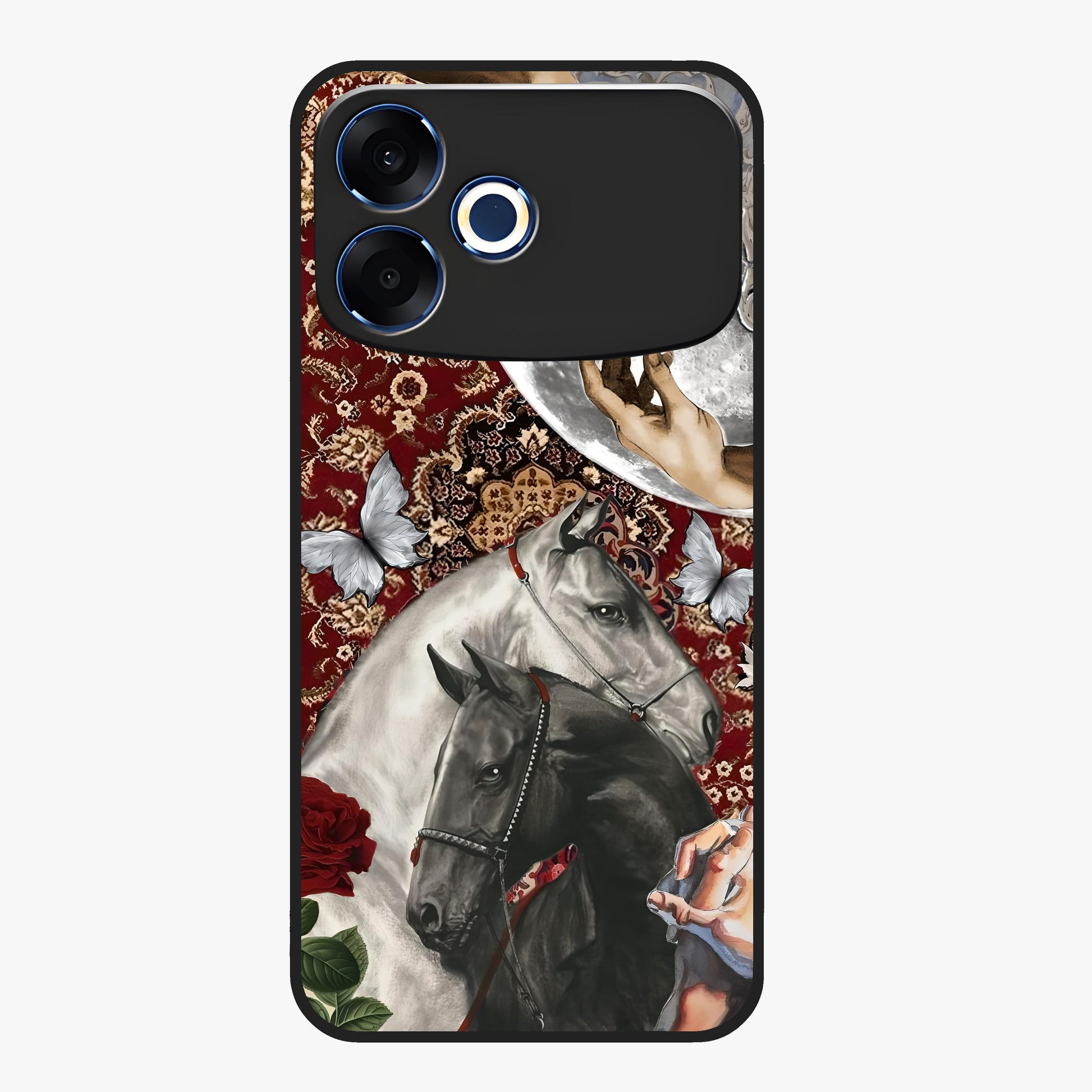 Moonlit Royal Stallion Glass Case showing flat back view with majestic horse under moonlight artwork and glossy glass finish.