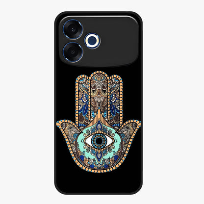 Mystic Hamsa Eye Glass Case showing flat back view with protective hamsa hand and evil eye artwork and glossy glass finish.