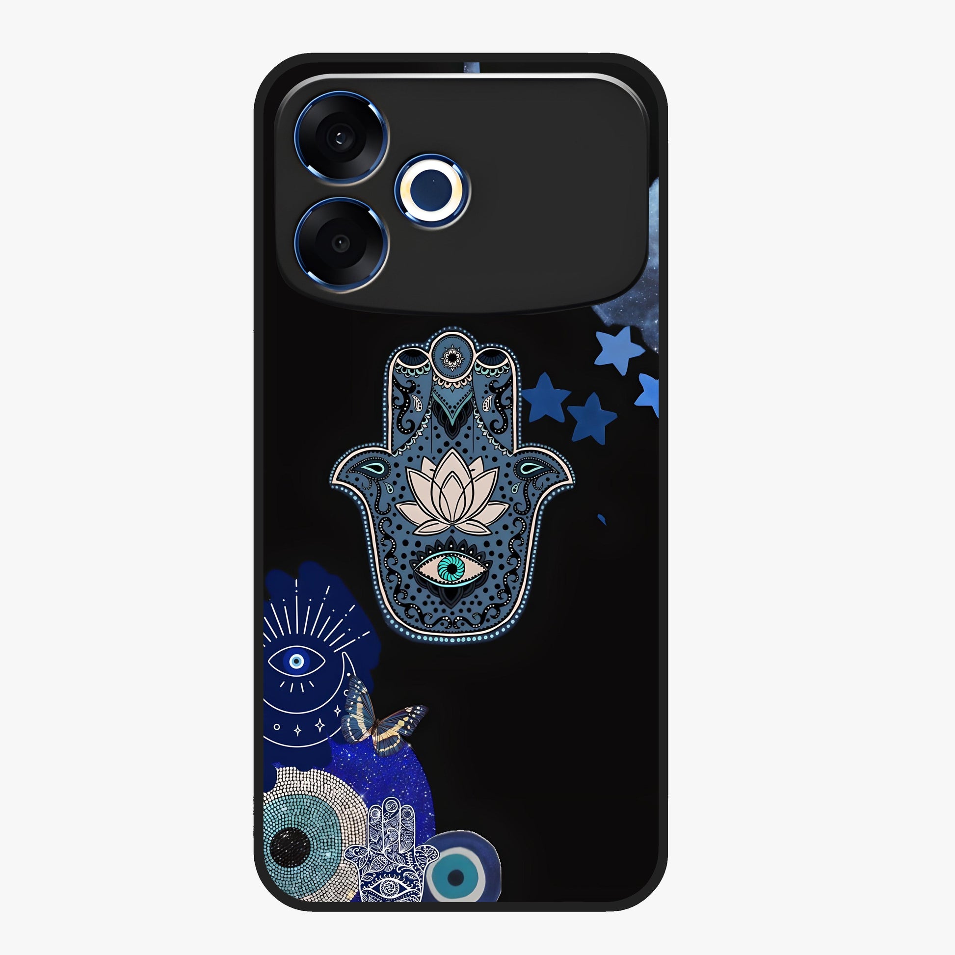Mystic Hand Aura Glass Case showing flat back view with mystical hand symbol artwork and glossy glass finish.