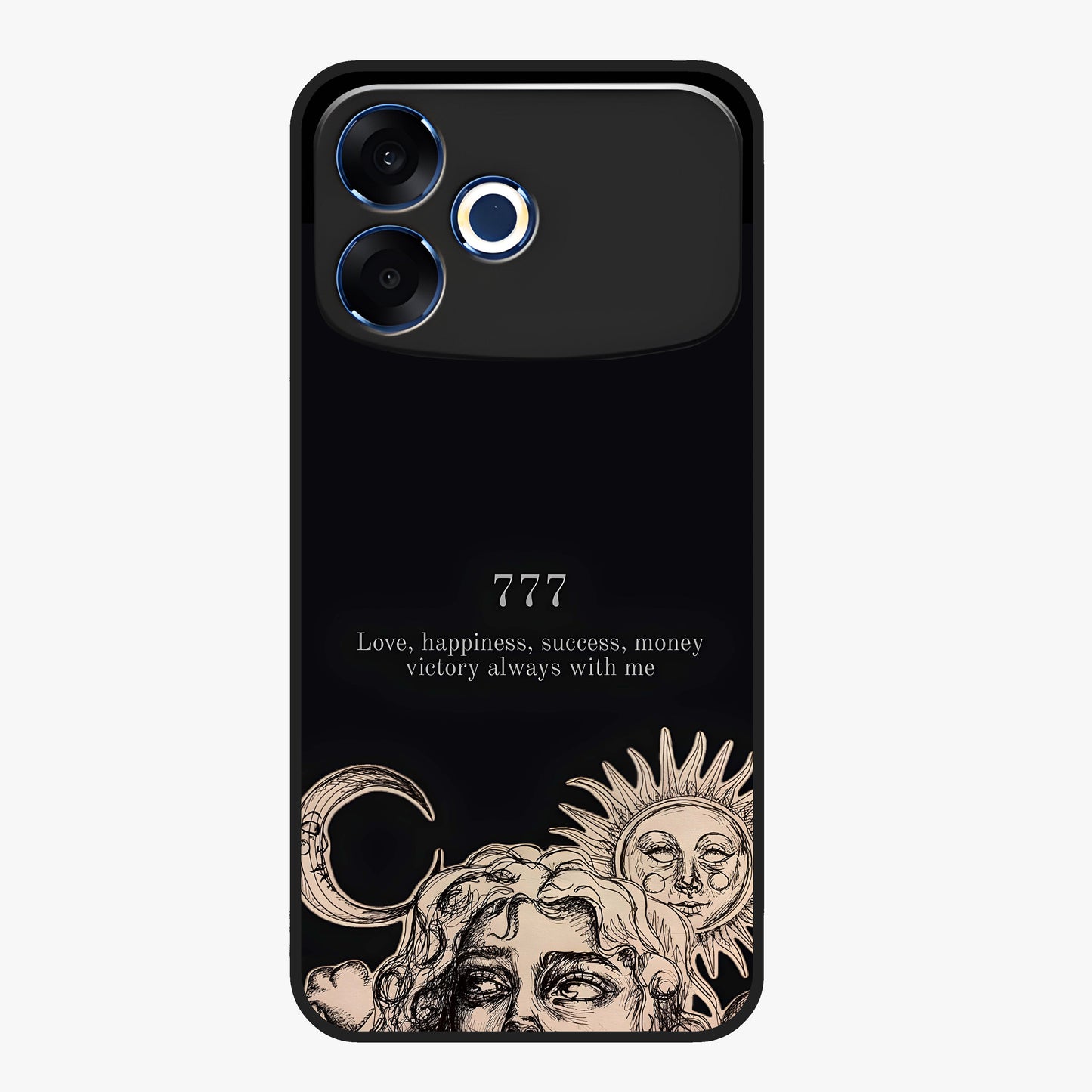Mystic Victory Aura Glass Case showing flat back view with victory symbol artwork and glossy glass finish.